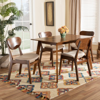 Baxton Studio RH378C-SandWalnut-5PC Dining Set Baxton Studio Katya Mid-Century Modern Sand Fabric Upholstered and Walnut Brown Finished Wood